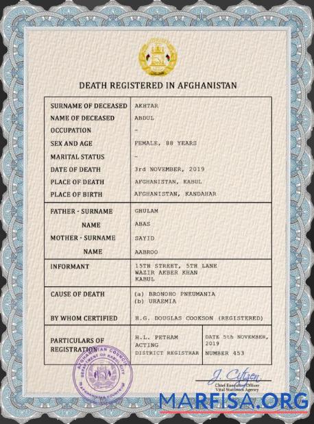 Realistic Afghanistan vital record death certificate PSD download for verification